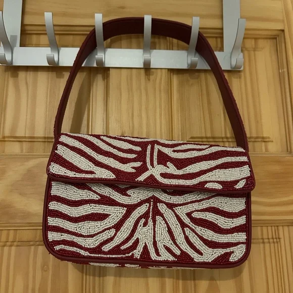 STAUD Tommy Beaded Red and White Zebra Print Shoulder Bag